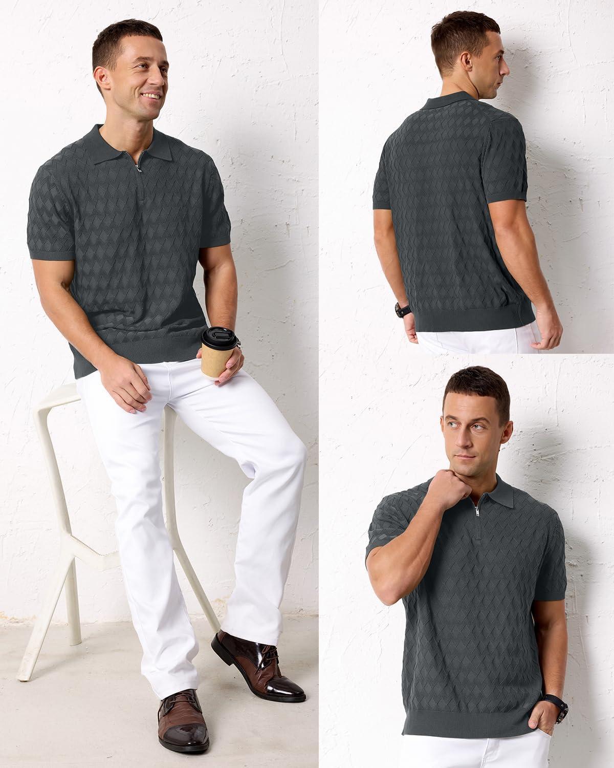 imageArachampCloz Mens Zipper Polo 3D Texture Shirts 2025 Spring Summer Fashion Knit Golf Tops Short Sleeve Dress ClothesDark Grey