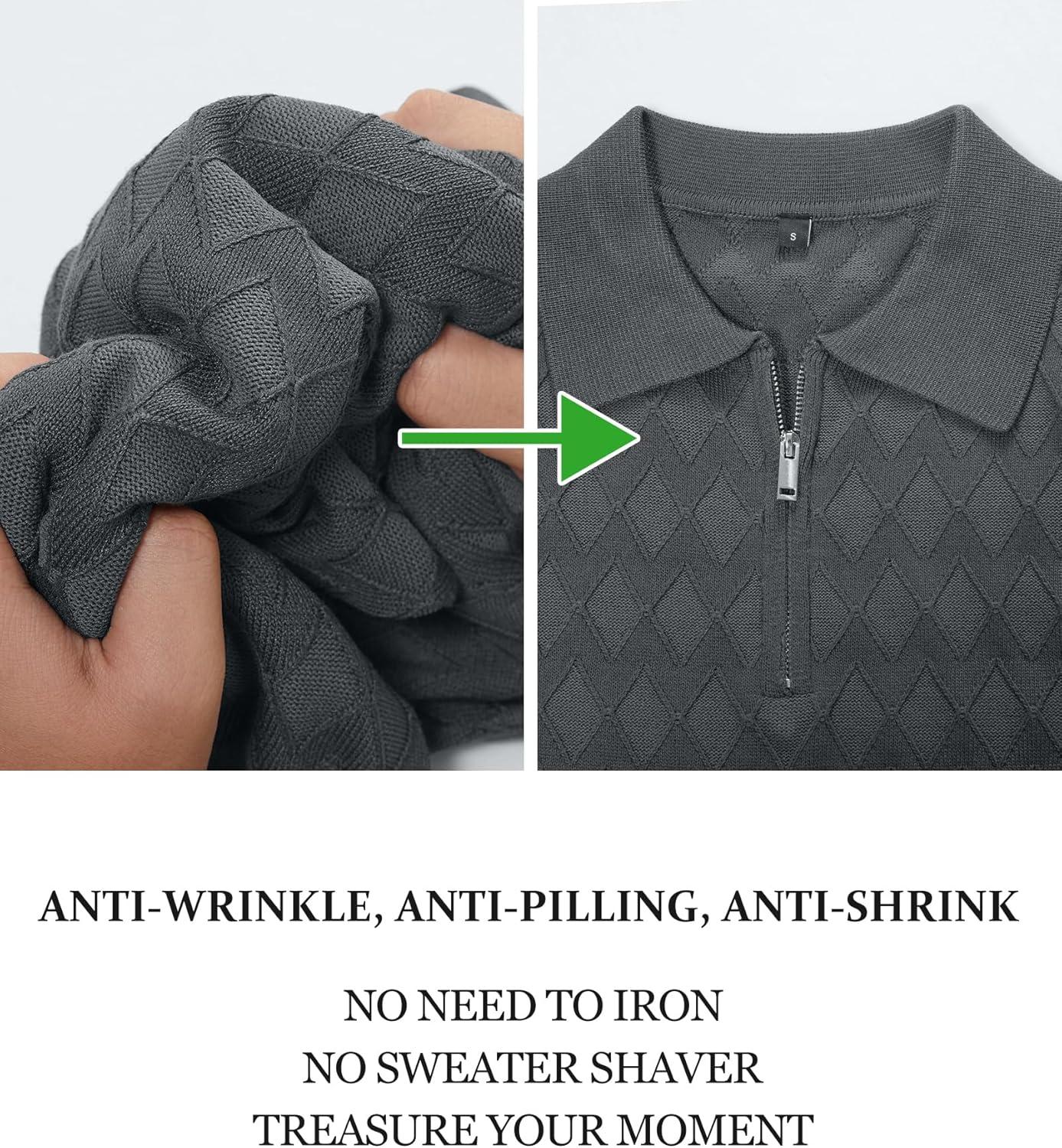 imageArachampCloz Mens Zipper Polo 3D Texture Shirts 2025 Spring Summer Fashion Knit Golf Tops Short Sleeve Dress ClothesDark Grey