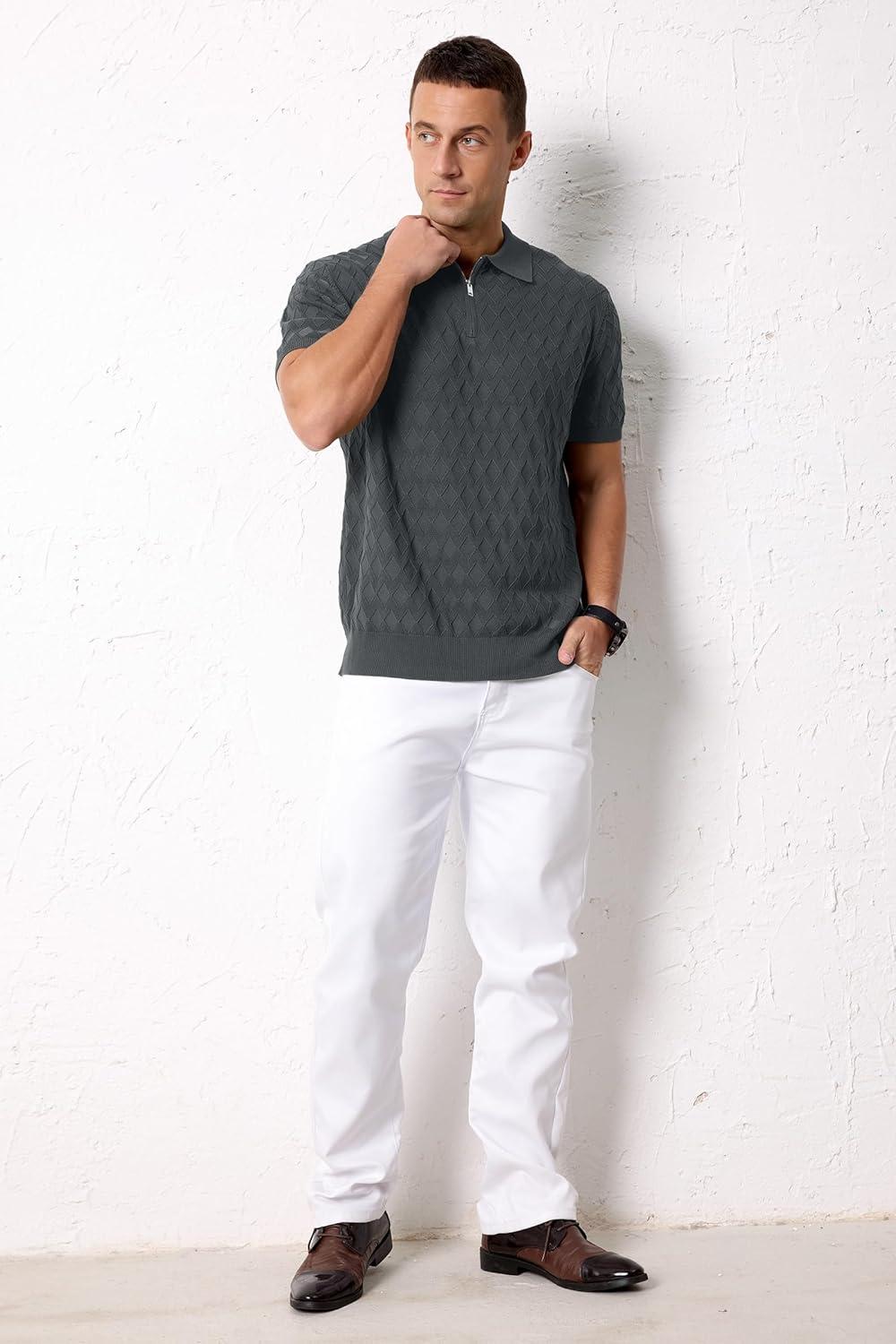 imageArachampCloz Mens Zipper Polo 3D Texture Shirts 2025 Spring Summer Fashion Knit Golf Tops Short Sleeve Dress ClothesDark Grey