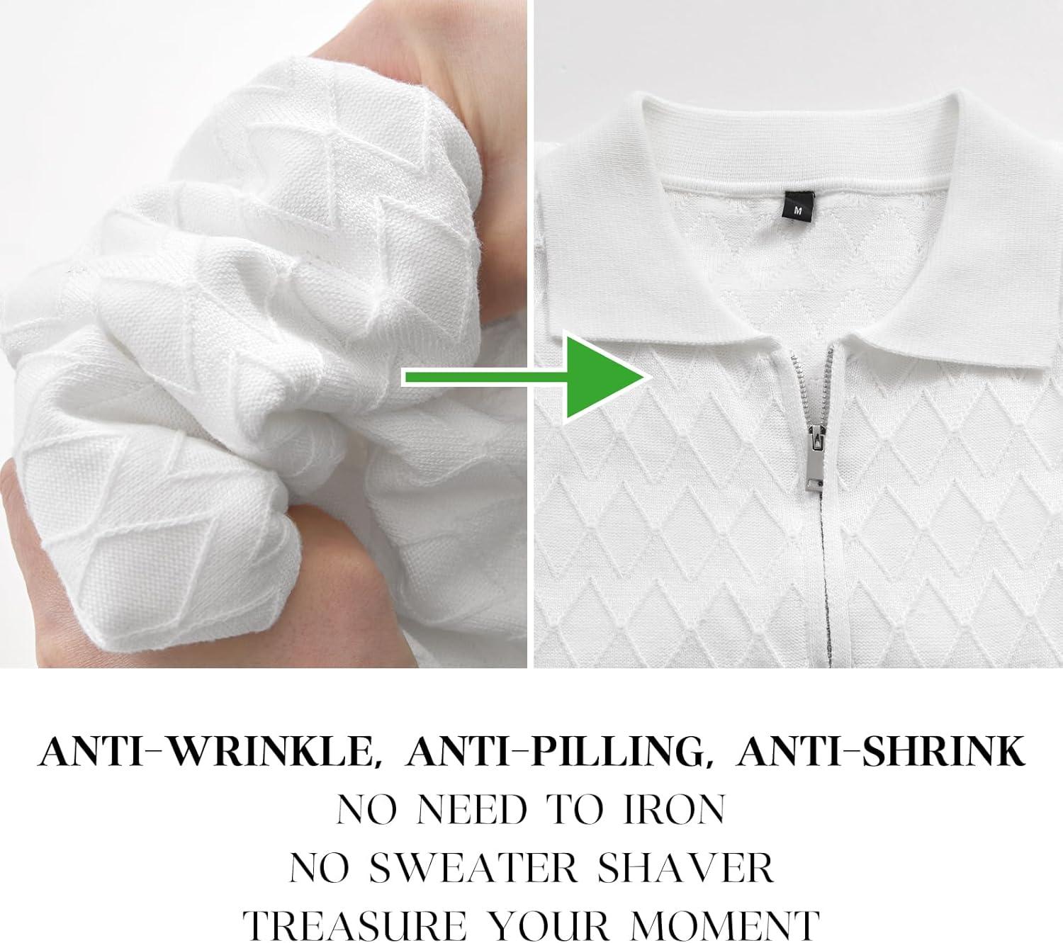 imageArachampCloz Mens Zipper Polo 3D Texture Shirts 2025 Spring Summer Fashion Knit Golf Tops Short Sleeve Dress ClothesWhite