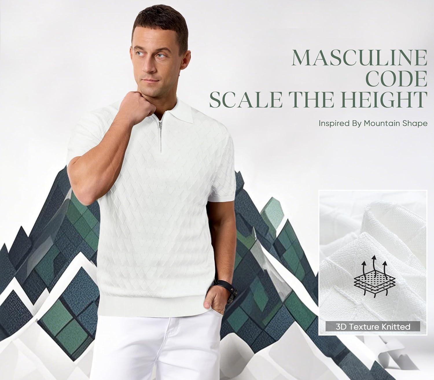 imageArachampCloz Mens Zipper Polo 3D Texture Shirts 2025 Spring Summer Fashion Knit Golf Tops Short Sleeve Dress ClothesWhite