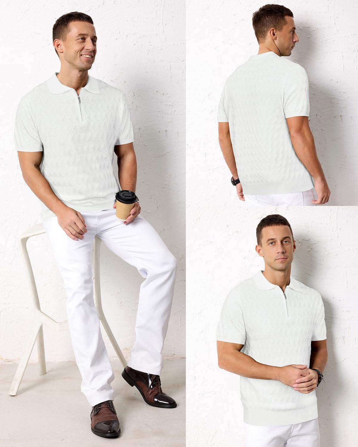 imageArachampCloz Mens Zipper Polo 3D Texture Shirts 2025 Spring Summer Fashion Knit Golf Tops Short Sleeve Dress ClothesWhite