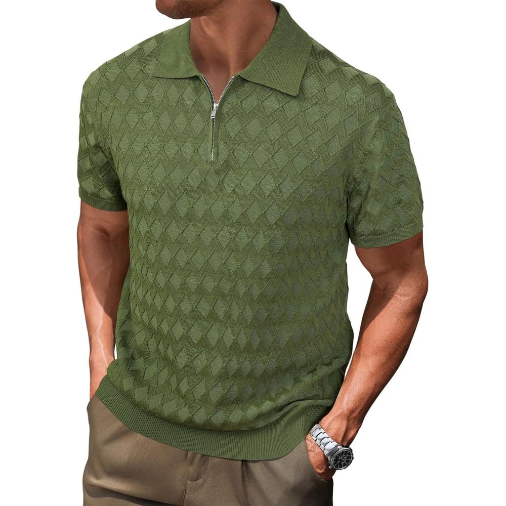 imageArachampCloz Mens Zipper Polo 3D Texture Shirts 2025 Spring Summer Fashion Knit Golf Tops Short Sleeve Dress ClothesLucky Green
