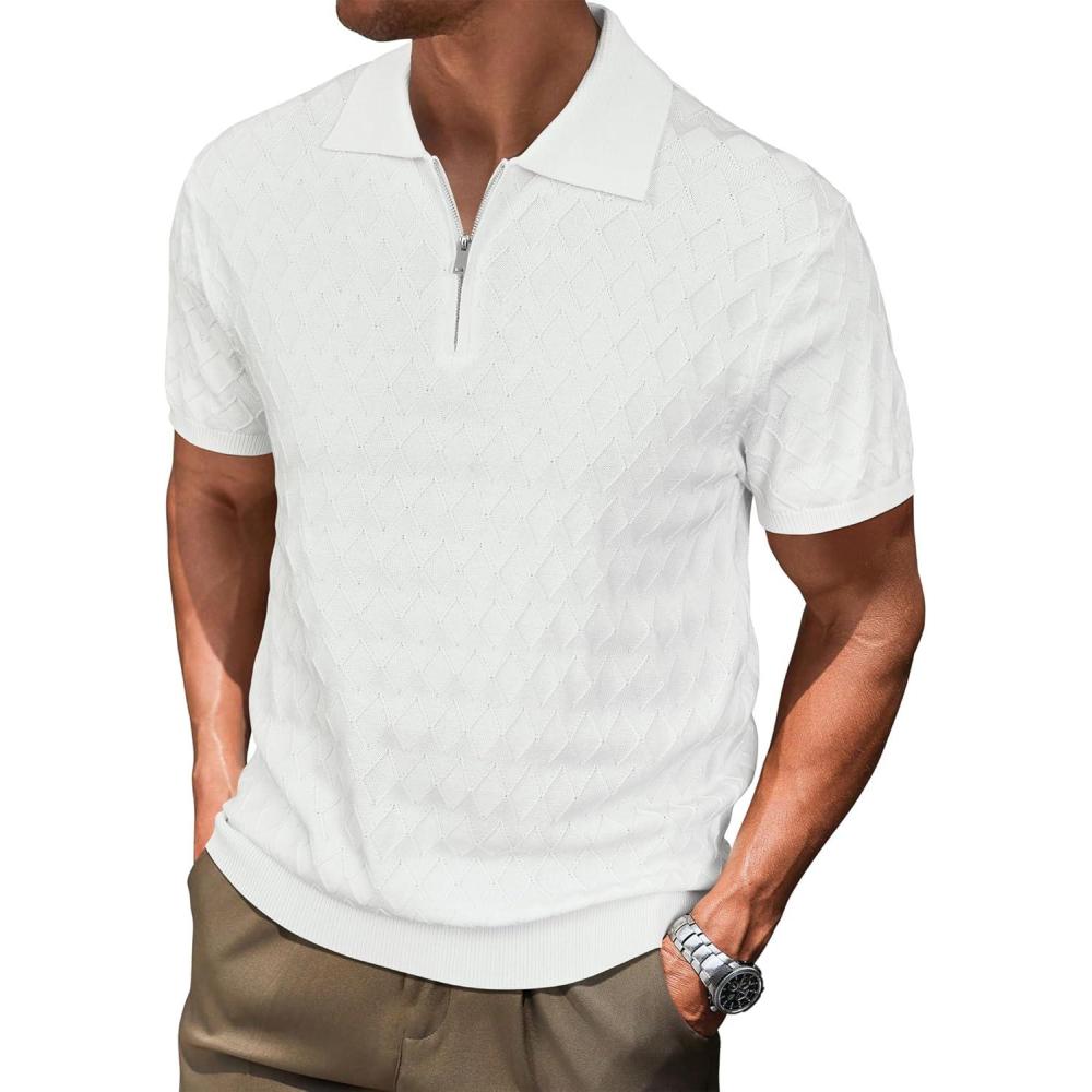 imageArachampCloz Mens Zipper Polo 3D Texture Shirts 2025 Spring Summer Fashion Knit Golf Tops Short Sleeve Dress ClothesWhite