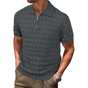 Arach&Cloz Mens Zipper Polo 3D Texture Shirts 2025 Spring Summer Fashion Knit Golf Tops Short Sleeve Dress Clothes(Dark Grey)