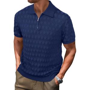 Arach&Cloz Mens Zipper Polo 3D Texture Shirts 2025 Spring Summer Fashion Knit Golf Tops Short Sleeve Dress Clothes(Navy Blue)