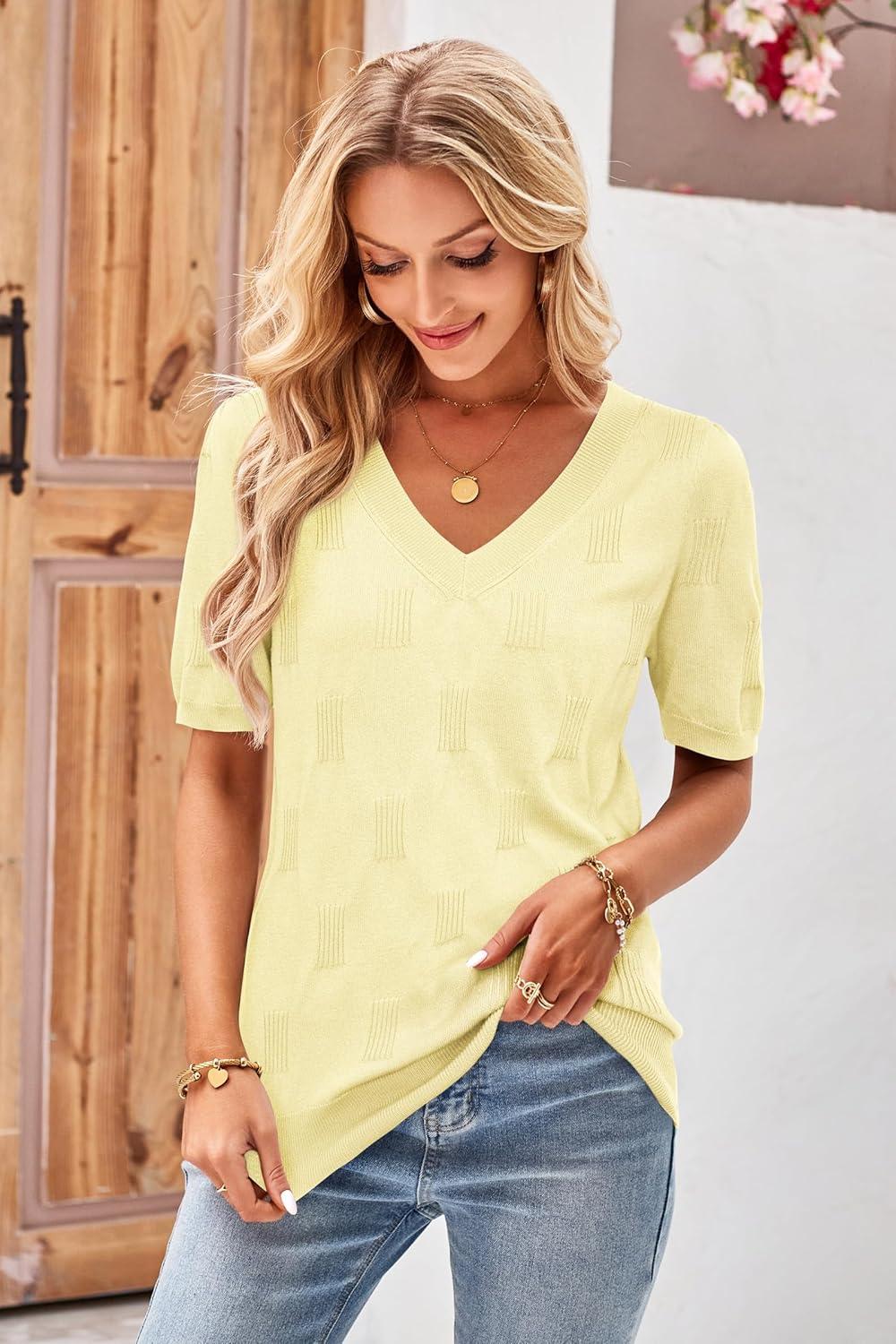 imageArachampCloz Womens Lightweight Spring Summer Sweater Tops Casual Short Sleeve Blouses ShirtsBlight Yellow