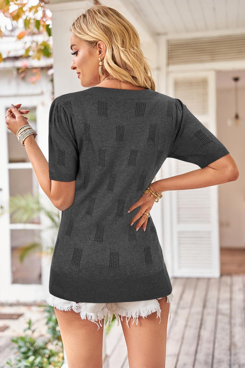 imageArachampCloz Womens Lightweight Spring Summer Sweater Tops Casual Short Sleeve Blouses ShirtsHeather Grey