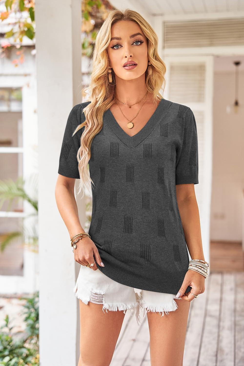 imageArachampCloz Womens Lightweight Spring Summer Sweater Tops Casual Short Sleeve Blouses ShirtsHeather Grey