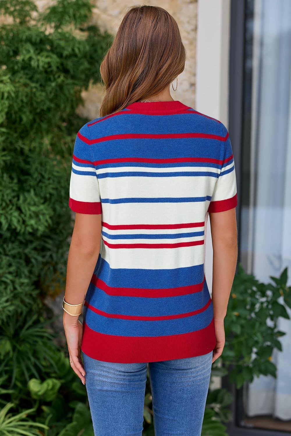 imageArachampCloz Womens Lightweight Wool Blend Short Sleeve Sweater Top Business CasualRed White and Blue
