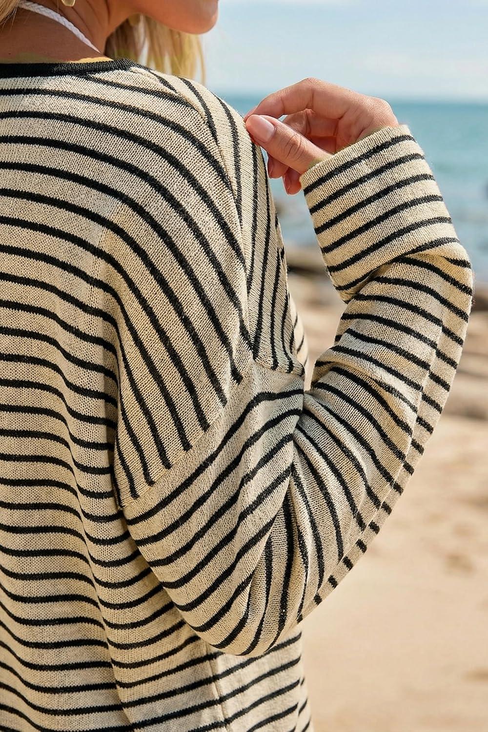 imageArachampCloz Womens Oversized Linen Blend Beach Vacation Cover Up Summer Casual Off Shoulder Tops 2026Apricot Black Stripe