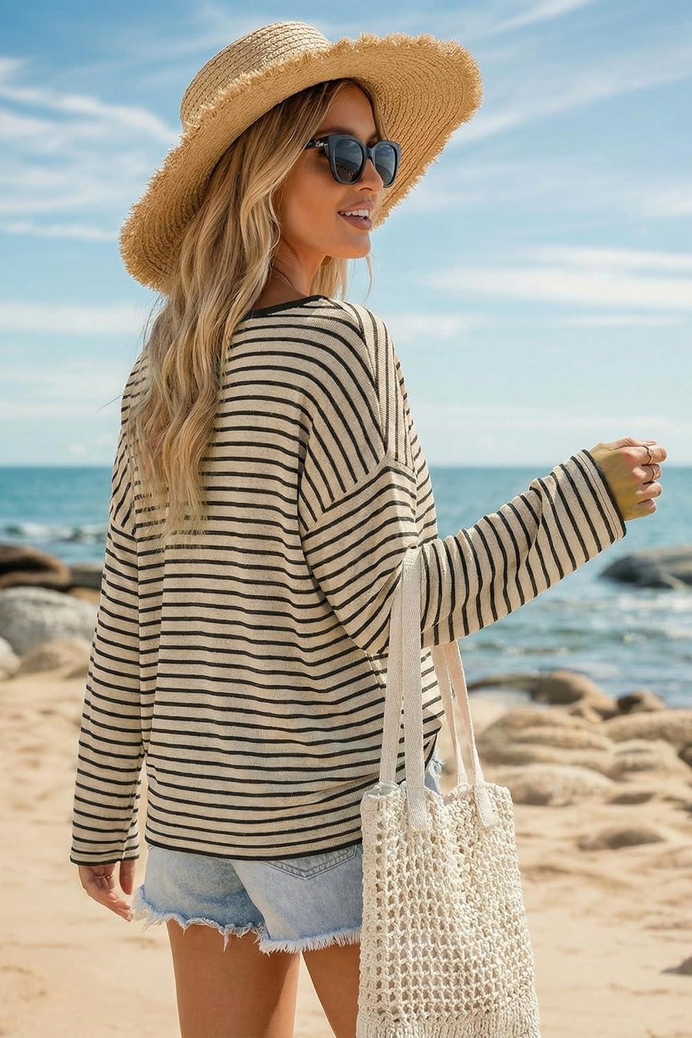 imageArachampCloz Womens Oversized Linen Blend Beach Vacation Cover Up Summer Casual Off Shoulder Tops 2026Apricot Black Stripe