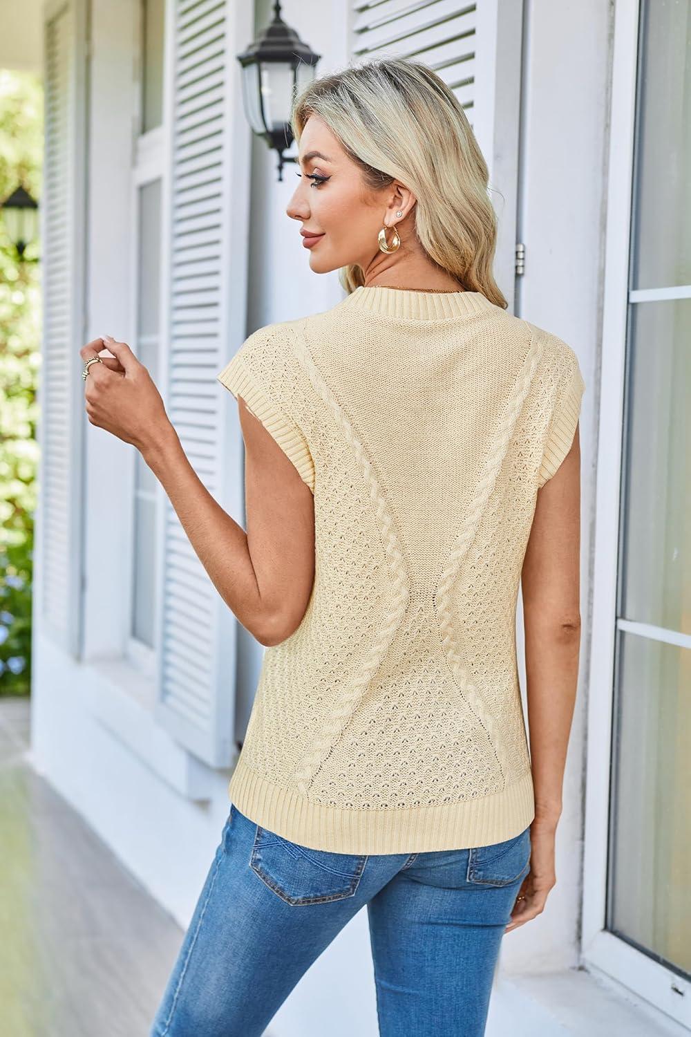 imageArachampCloz Womens Spring Sweater Vest 2025 Cap Sleeve Crew Neck Casual Tops Cable Knit Crochet Loose Fit Summer OutfitsApricot