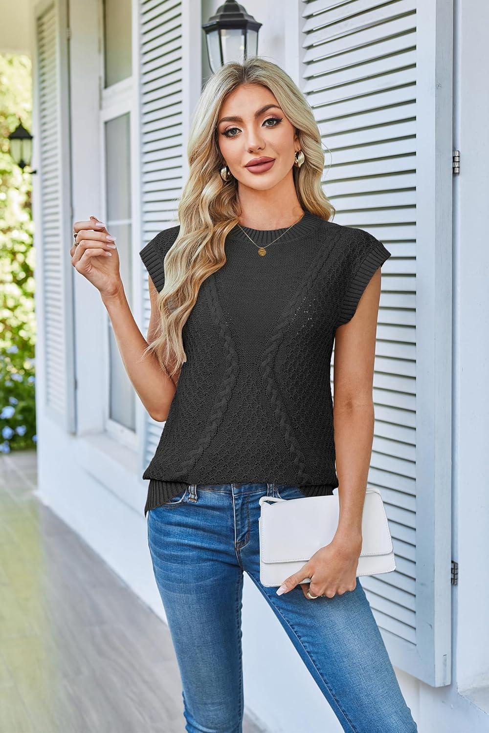 imageArachampCloz Womens Spring Sweater Vest 2025 Cap Sleeve Crew Neck Casual Tops Cable Knit Crochet Loose Fit Summer OutfitsBlack