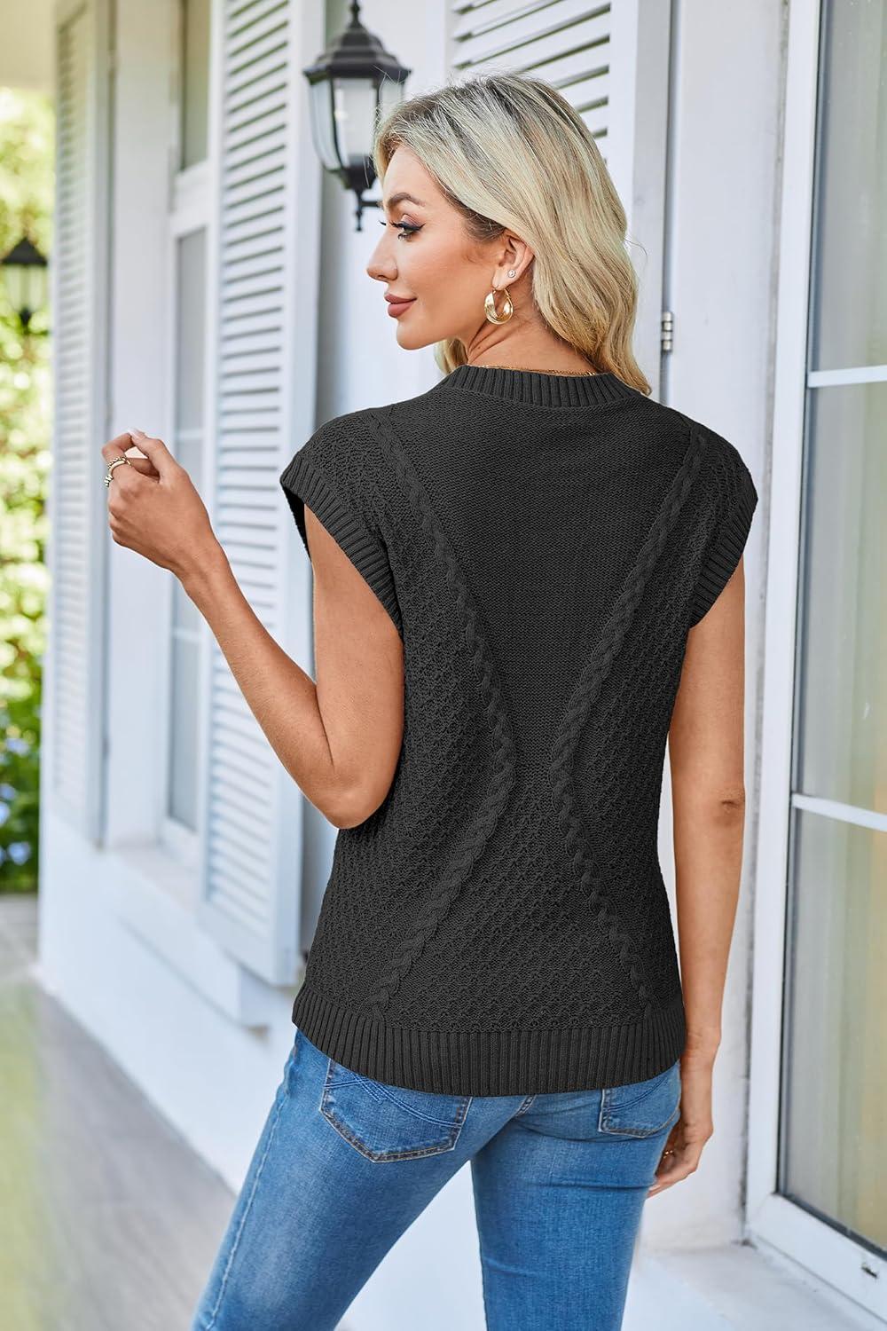 imageArachampCloz Womens Spring Sweater Vest 2025 Cap Sleeve Crew Neck Casual Tops Cable Knit Crochet Loose Fit Summer OutfitsBlack