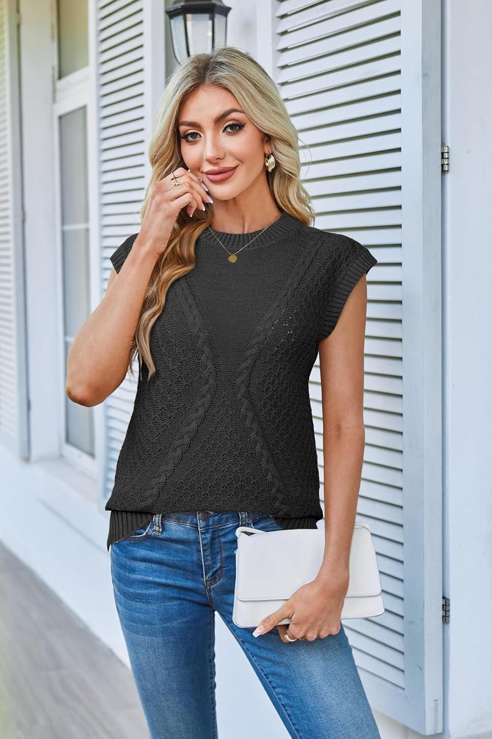 imageArachampCloz Womens Spring Sweater Vest 2025 Cap Sleeve Crew Neck Casual Tops Cable Knit Crochet Loose Fit Summer OutfitsBlack