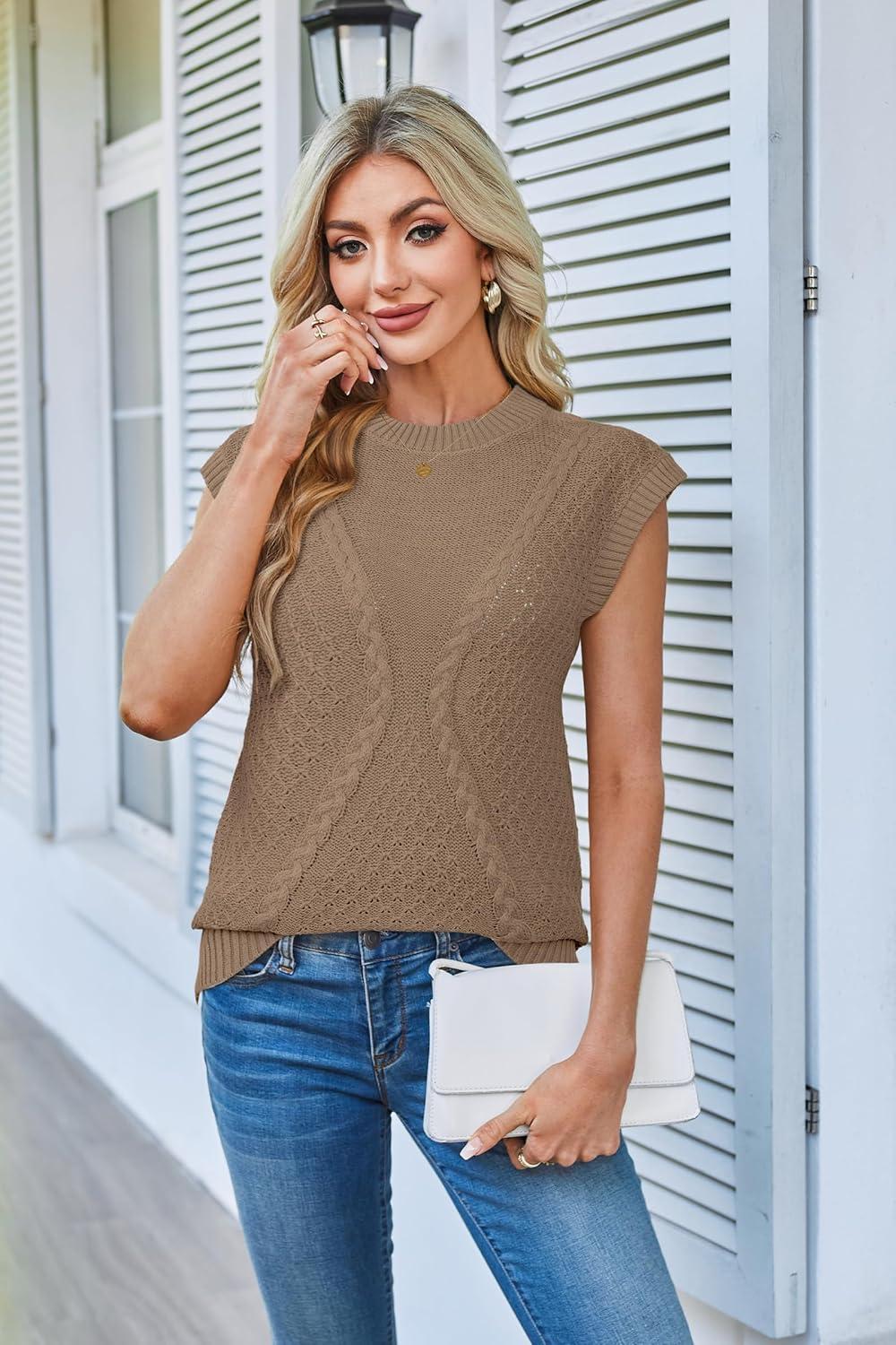 imageArachampCloz Womens Spring Sweater Vest 2025 Cap Sleeve Crew Neck Casual Tops Cable Knit Crochet Loose Fit Summer OutfitsBrown