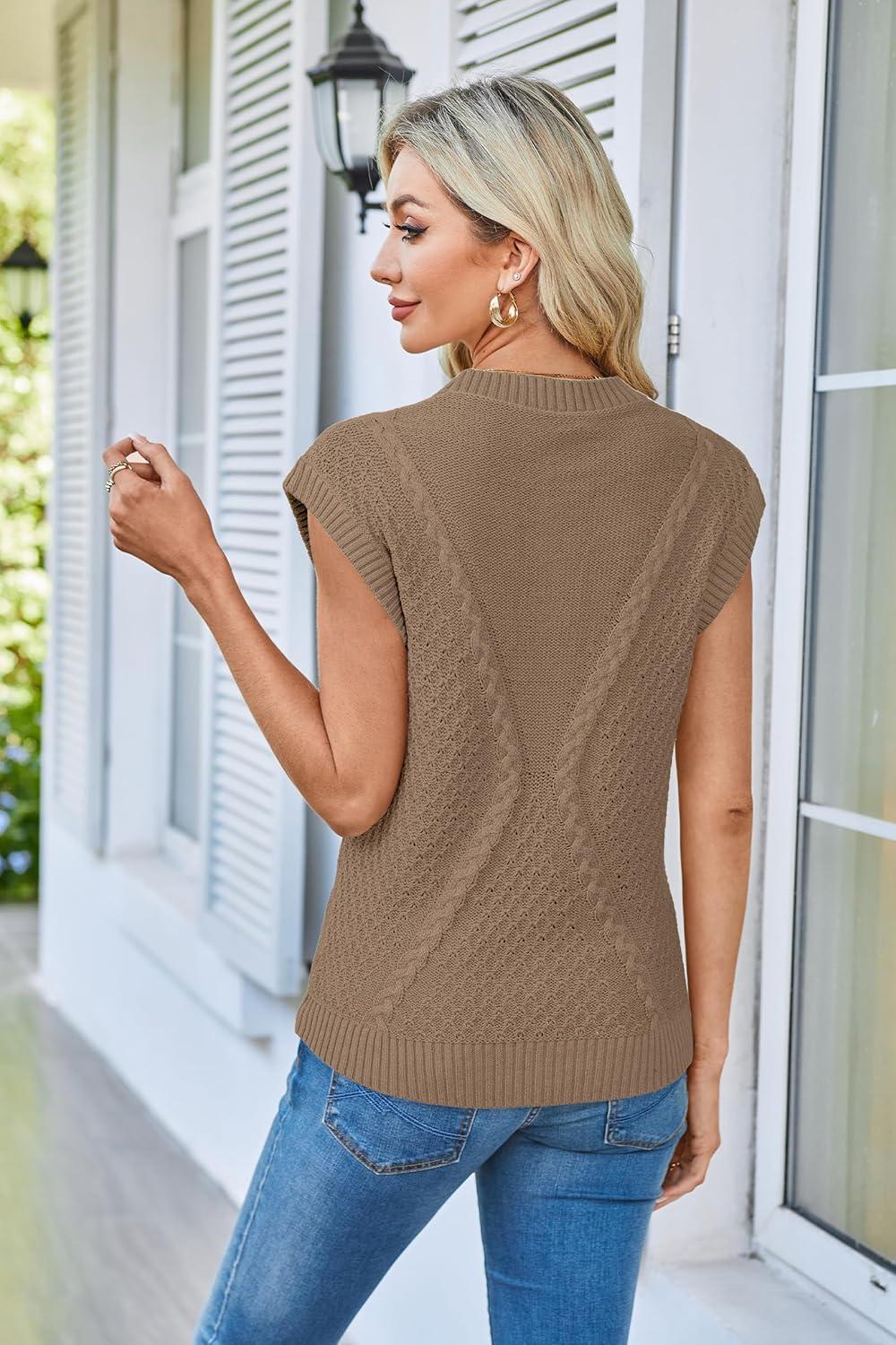 imageArachampCloz Womens Spring Sweater Vest 2025 Cap Sleeve Crew Neck Casual Tops Cable Knit Crochet Loose Fit Summer OutfitsBrown