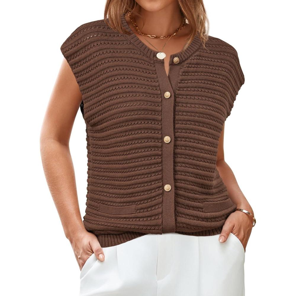imageArachampCloz Women Cap Sleeve Sweater Vest 2025 Summer Crochet Button Down Knit Cardigan Loose Business Casual Tops TrendyCoffee