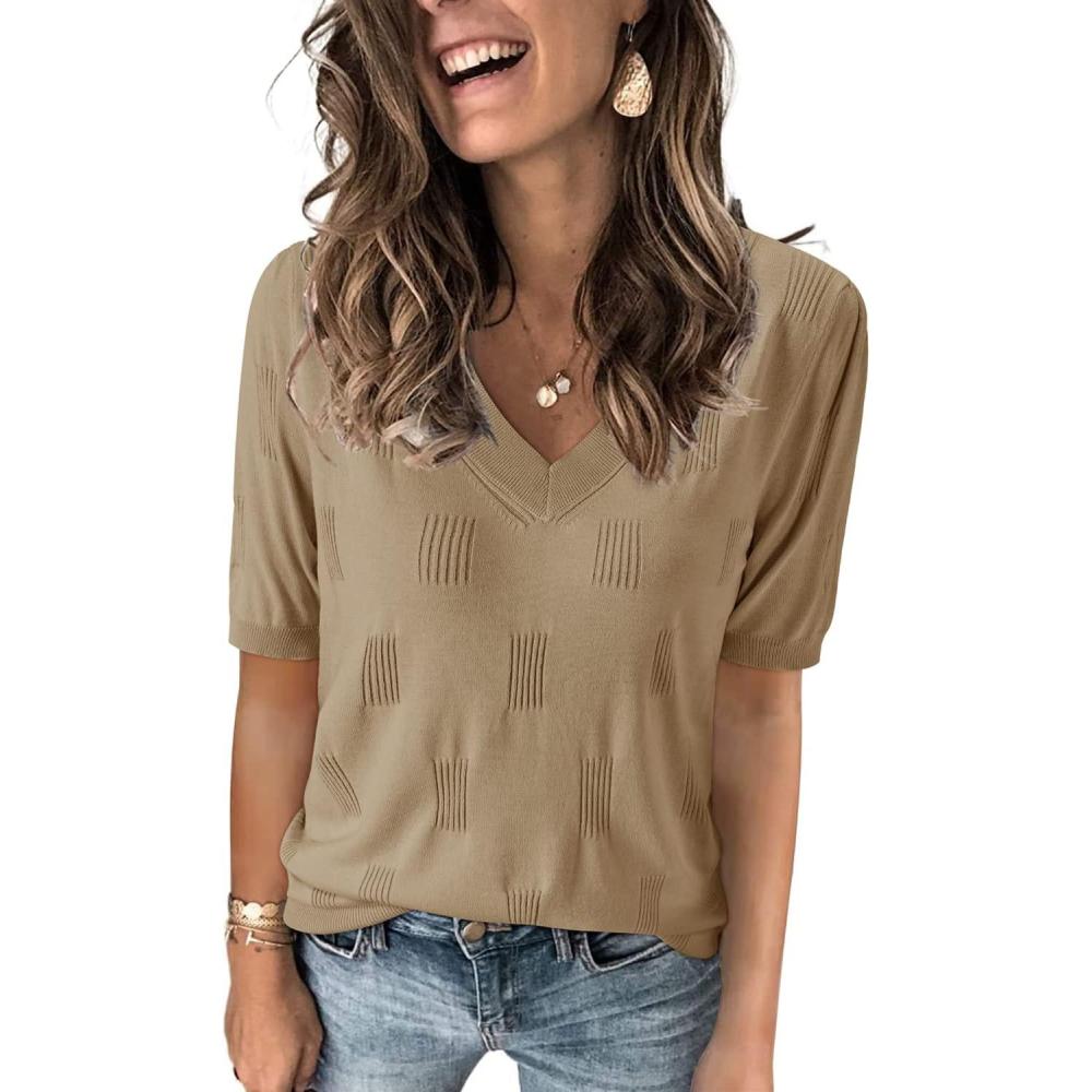 imageArachampCloz Womens Lightweight Spring Summer Sweater Tops Casual Short Sleeve Blouses ShirtsAzapricot