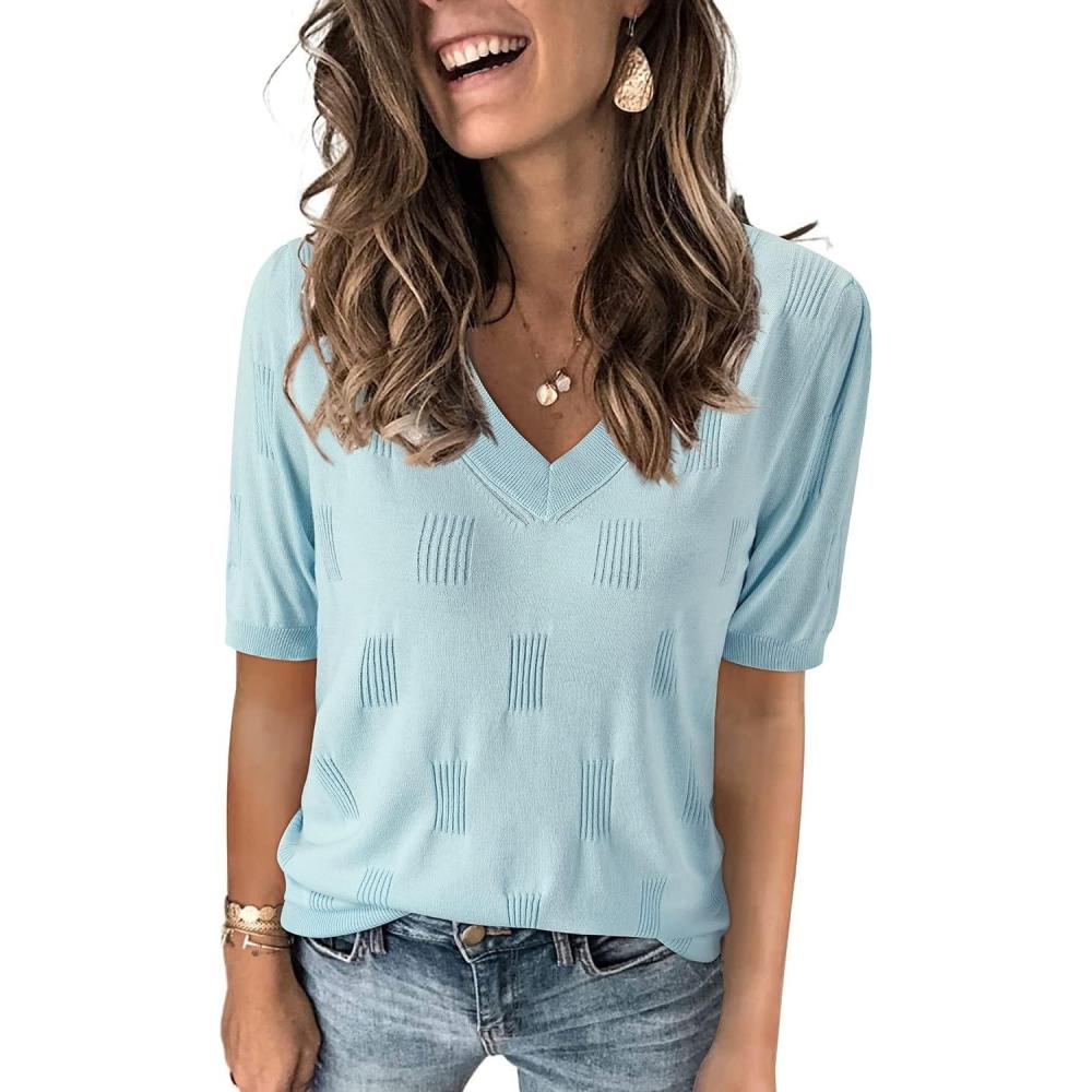 imageArachampCloz Womens Lightweight Spring Summer Sweater Tops Casual Short Sleeve Blouses ShirtsAzlight Blue