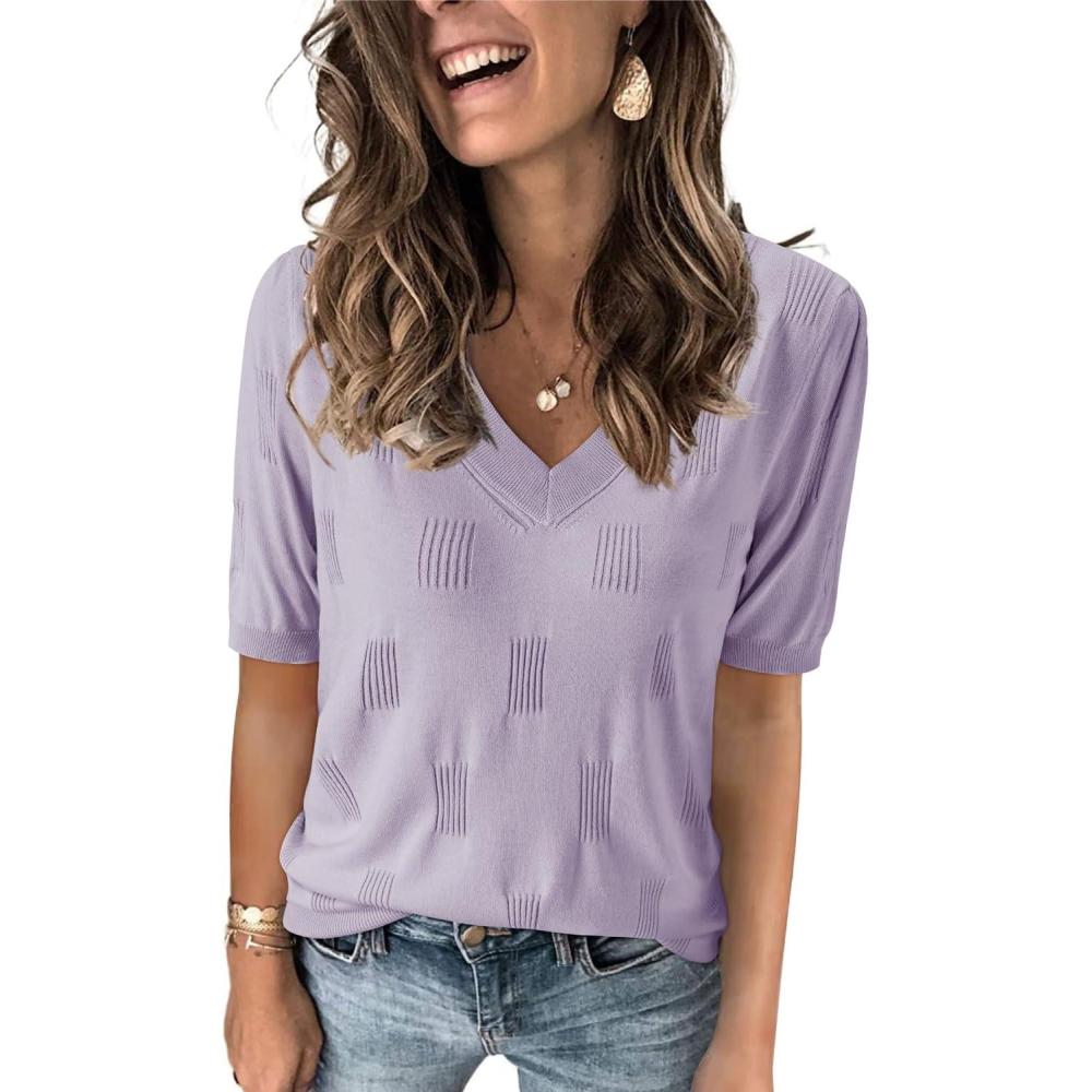 imageArachampCloz Womens Lightweight Spring Summer Sweater Tops Casual Short Sleeve Blouses ShirtsAzlight Purple