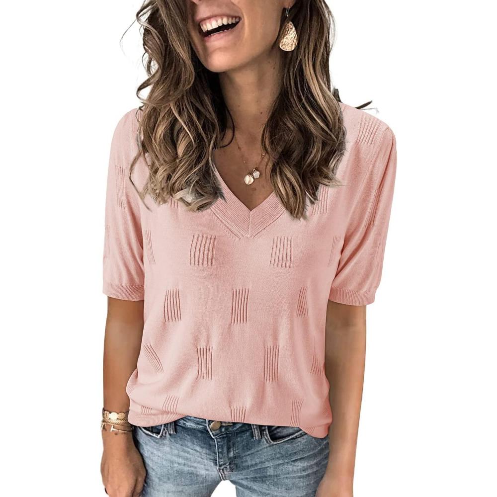 imageArachampCloz Womens Lightweight Spring Summer Sweater Tops Casual Short Sleeve Blouses ShirtsAzpink