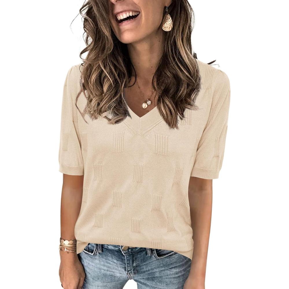 imageArachampCloz Womens Lightweight Spring Summer Sweater Tops Casual Short Sleeve Blouses ShirtsBapricot