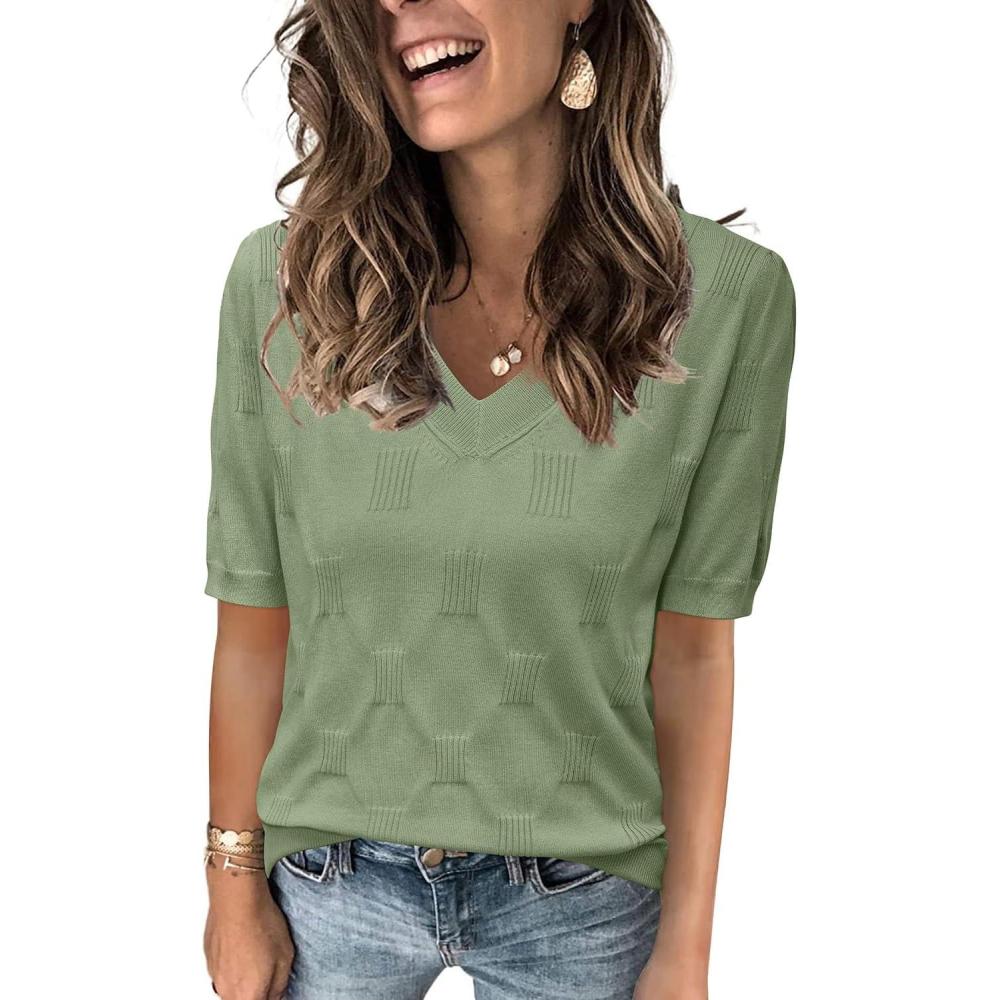 imageArachampCloz Womens Lightweight Spring Summer Sweater Tops Casual Short Sleeve Blouses ShirtsBsage Green