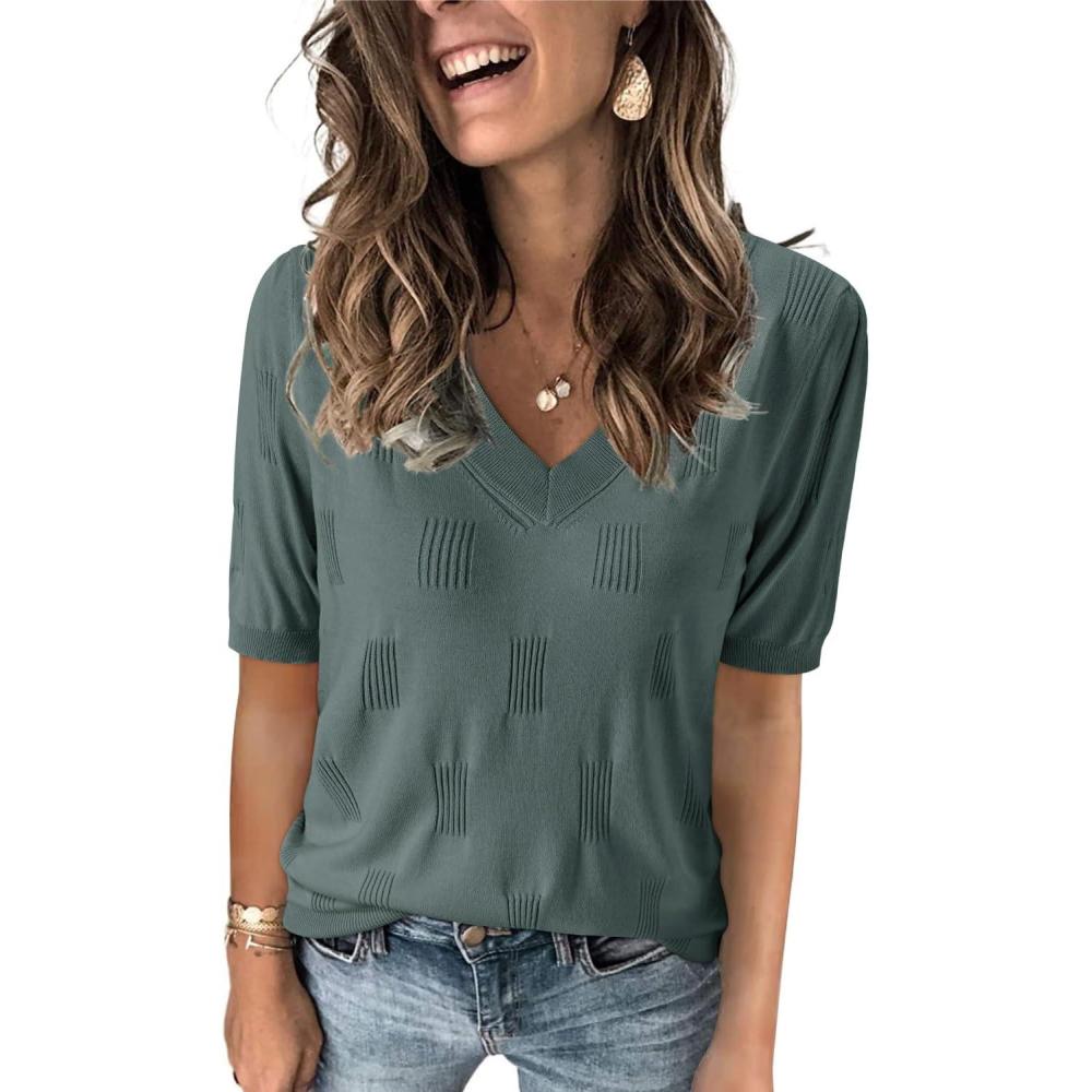 imageArachampCloz Womens Lightweight Spring Summer Sweater Tops Casual Short Sleeve Blouses ShirtsGrey Green
