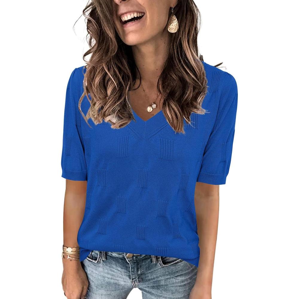 imageArachampCloz Womens Lightweight Spring Summer Sweater Tops Casual Short Sleeve Blouses ShirtsRoyal Blue
