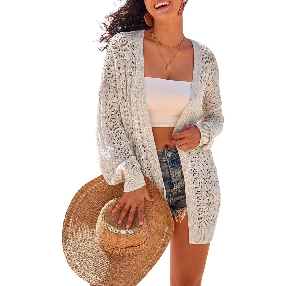 imageArachampCloz Womens Oversized Crochet Cover Up Summer Cardigan Lightweight Beach Vacation Kimonos 2026Beige