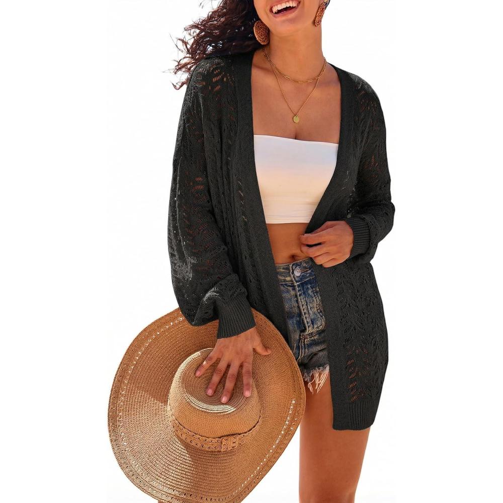imageArachampCloz Womens Oversized Crochet Cover Up Summer Cardigan Lightweight Beach Vacation Kimonos 2026Black