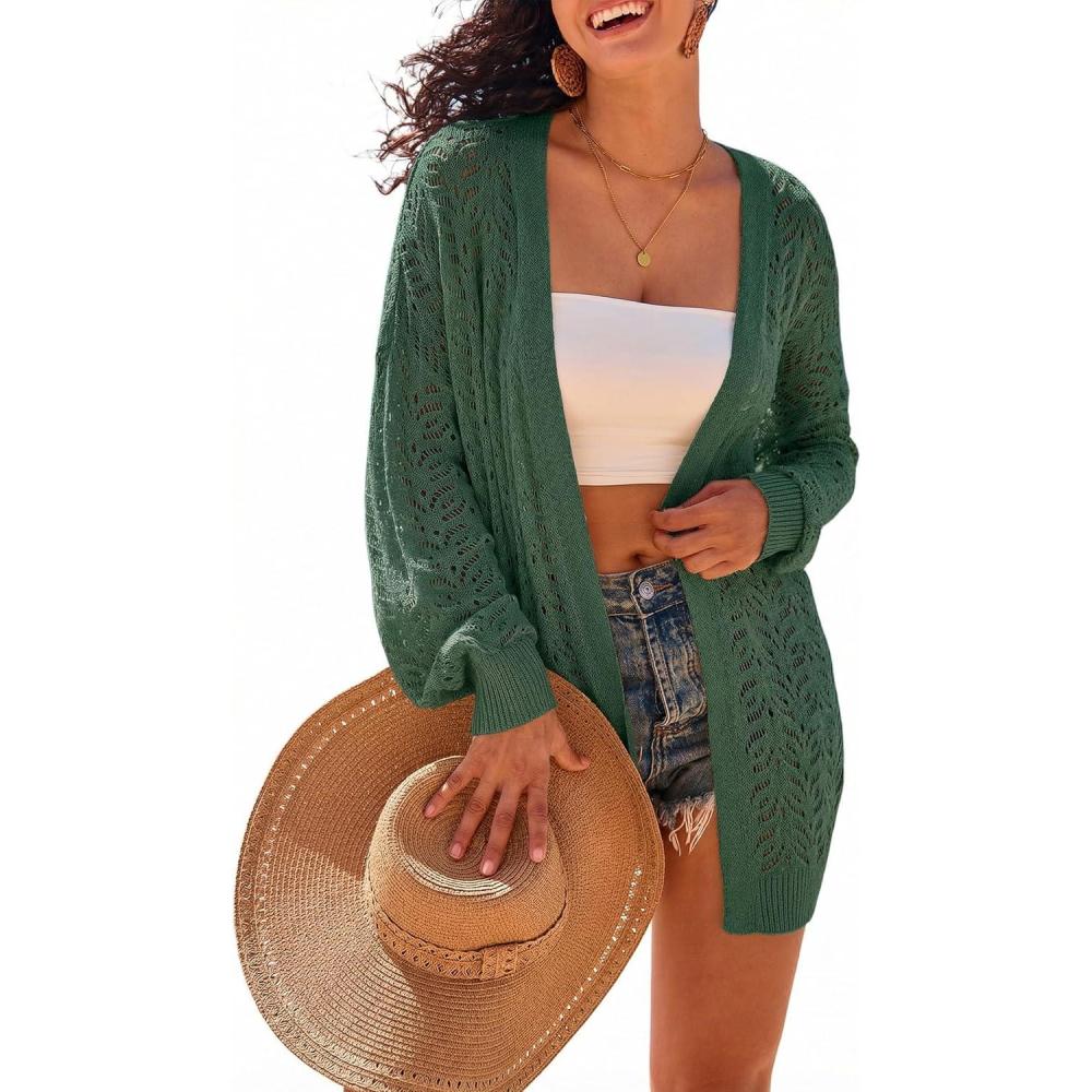 imageArachampCloz Womens Oversized Crochet Cover Up Summer Cardigan Lightweight Beach Vacation Kimonos 2026Dark Green