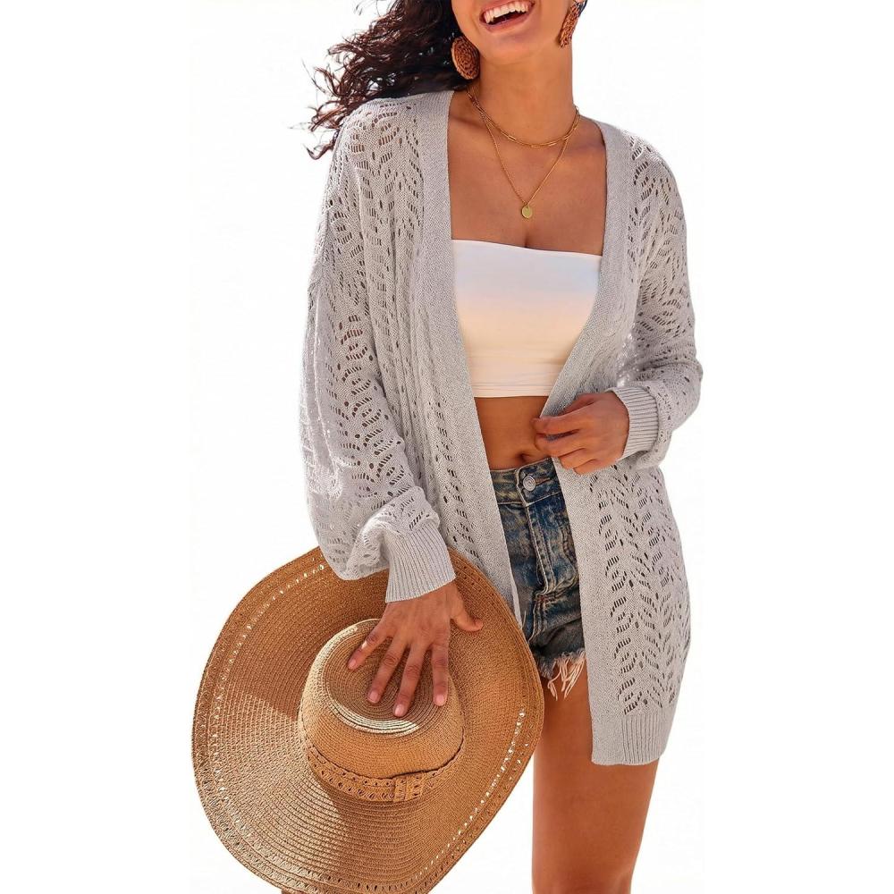 imageArachampCloz Womens Oversized Crochet Cover Up Summer Cardigan Lightweight Beach Vacation Kimonos 2026Grey