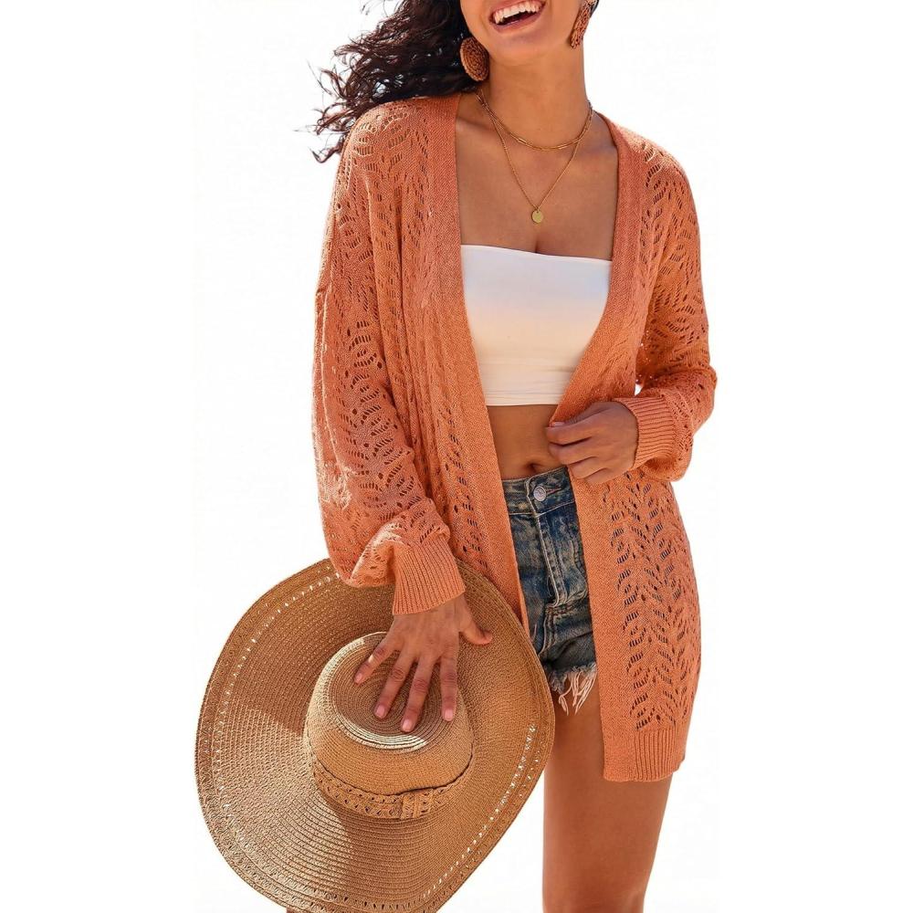 imageArachampCloz Womens Oversized Crochet Cover Up Summer Cardigan Lightweight Beach Vacation Kimonos 2026Orange