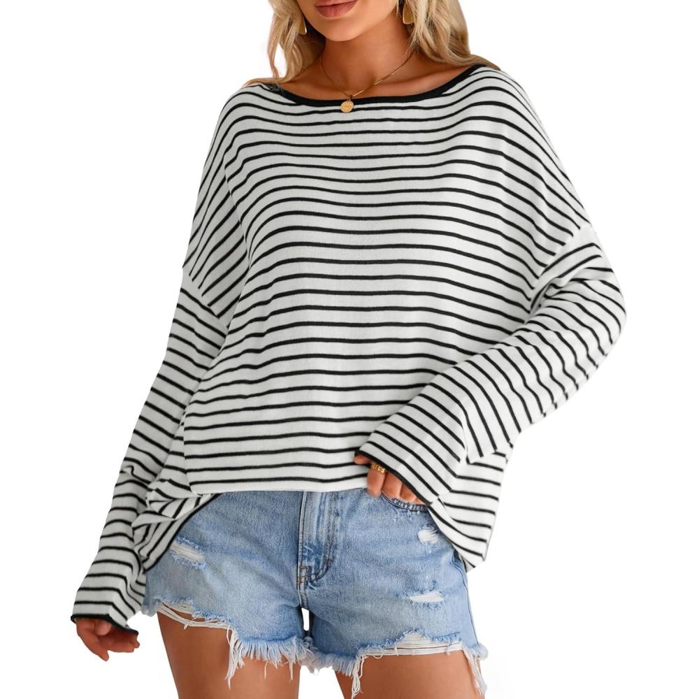 imageArachampCloz Womens Oversized Linen Blend Beach Vacation Cover Up Summer Casual Off Shoulder Tops 2026White Black Stripe