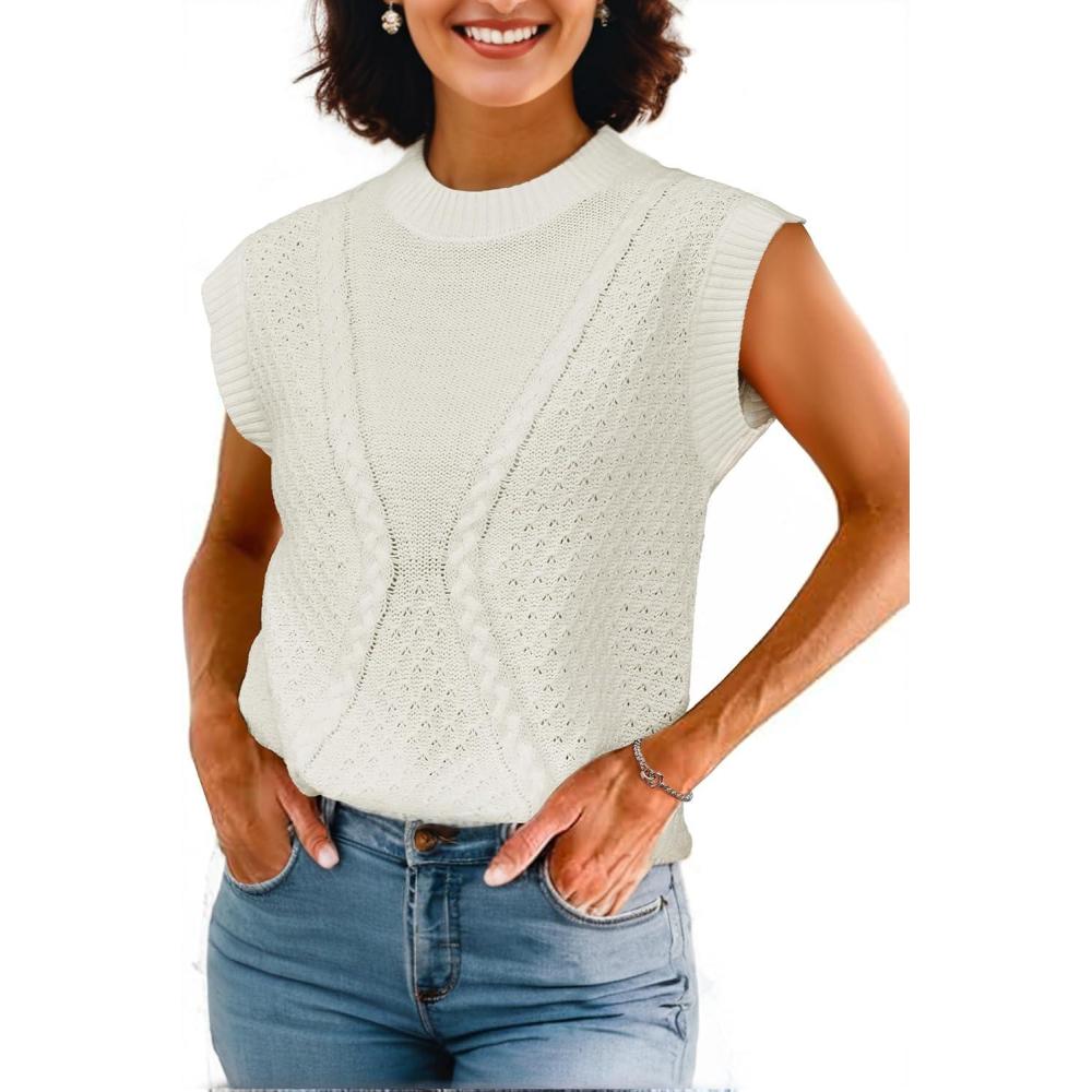 imageArachampCloz Womens Spring Sweater Vest 2025 Cap Sleeve Crew Neck Casual Tops Cable Knit Crochet Loose Fit Summer OutfitsOffwhite