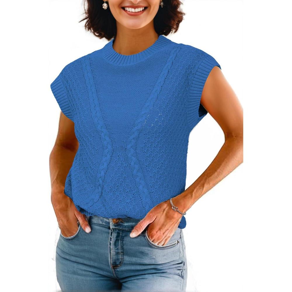 imageArachampCloz Womens Spring Sweater Vest 2025 Cap Sleeve Crew Neck Casual Tops Cable Knit Crochet Loose Fit Summer OutfitsRoyal Blue