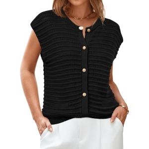 Arach&Cloz Women Cap Sleeve Sweater Vest 2025 Summer Crochet Button Down Knit Cardigan Loose Business Casual Tops Trendy(Black)