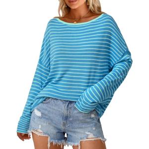 Arach&Cloz Women’s Oversized Linen Blend Beach Vacation Cover Up Summer Casual Off Shoulder Tops 2026(Blue Light Green Stripe)