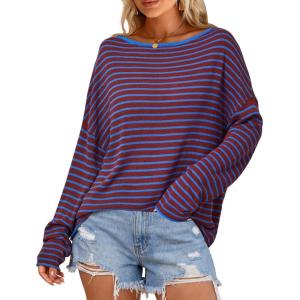Arach&Cloz Women’s Oversized Linen Blend Beach Vacation Cover Up Summer Casual Off Shoulder Tops 2026(Blue Stripe)
