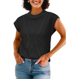 Arach&Cloz Womens Spring Sweater Vest 2025 Cap Sleeve Crew Neck Casual Tops Cable Knit Crochet Loose Fit Summer Outfits(Black)