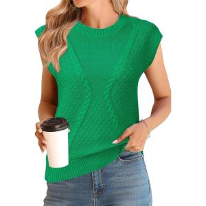 Arach&Cloz Womens Spring Sweater Vest 2025 Cap Sleeve Crew Neck Casual Tops Cable Knit Crochet Loose Fit Summer Outfits(Grass Green)