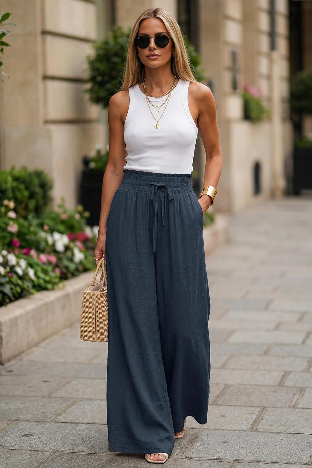 imageArachampCloz Summer Womens Linen Blend High Waisted Flowy Wide Leg Palazzo Casual PantsDark Blue