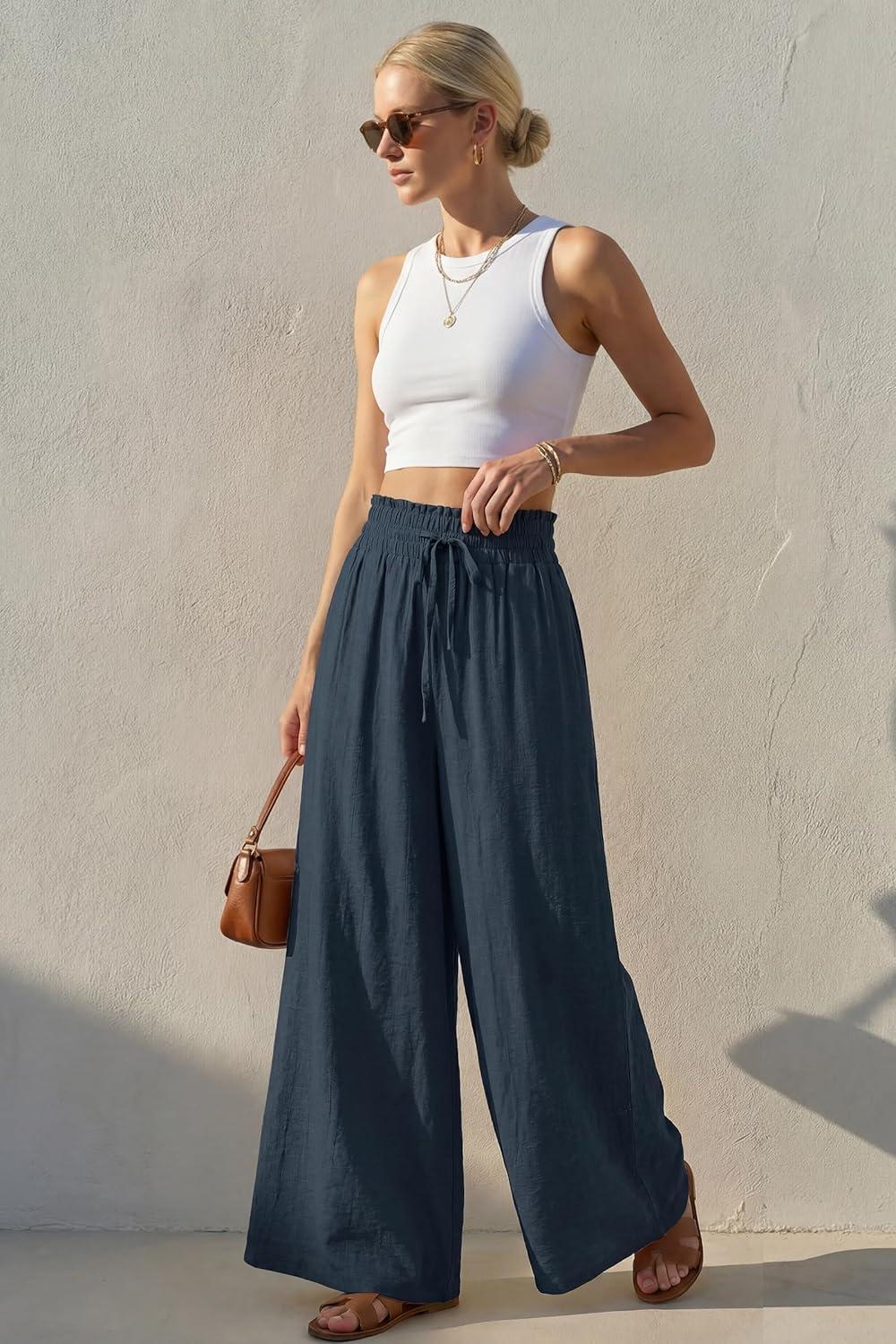imageArachampCloz Summer Womens Linen Blend High Waisted Flowy Wide Leg Palazzo Casual PantsDark Blue