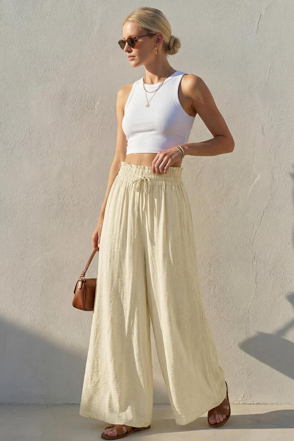 imageArachampCloz Summer Womens Linen Blend High Waisted Flowy Wide Leg Palazzo Casual PantsKhaki