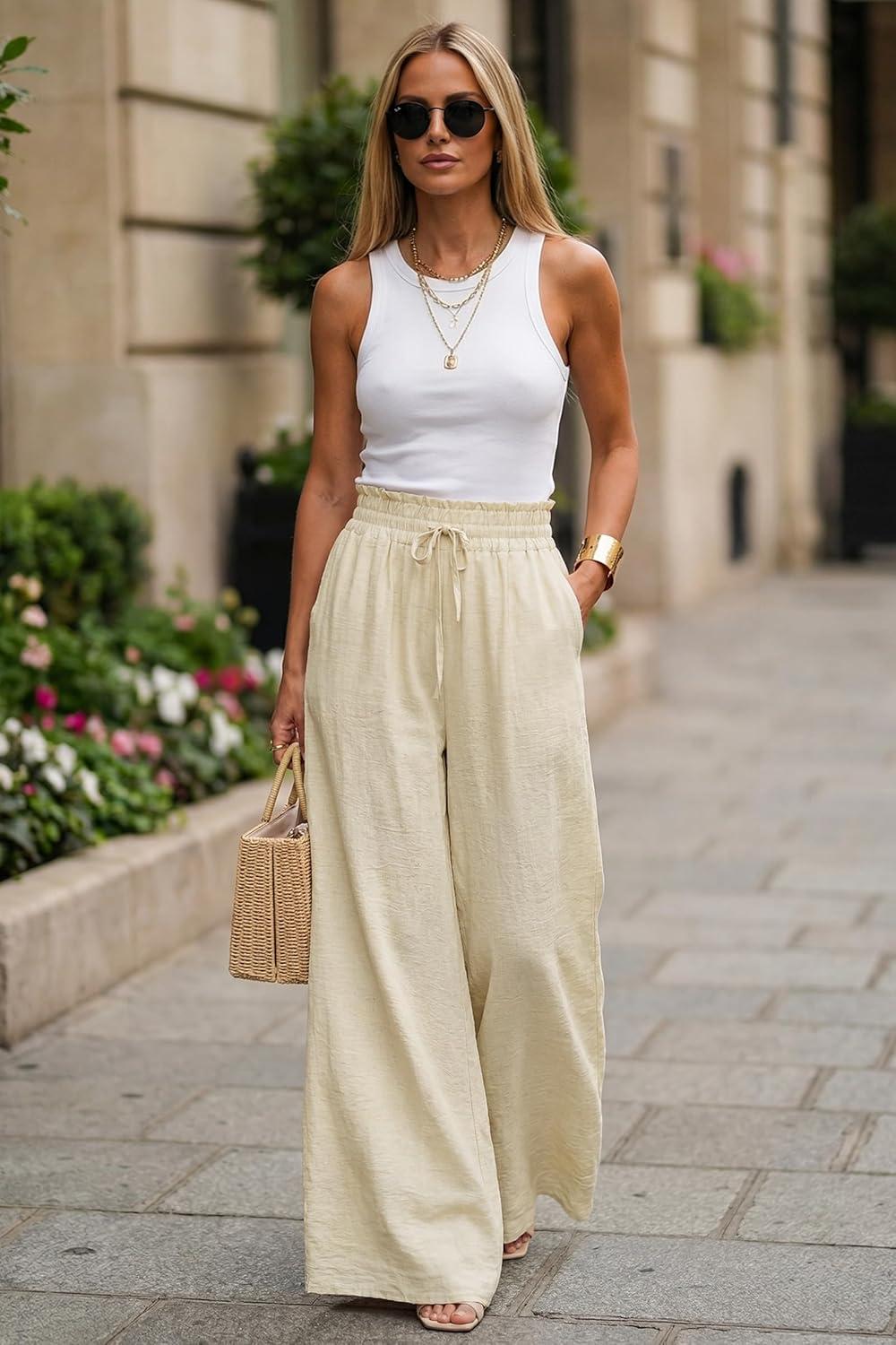 imageArachampCloz Summer Womens Linen Blend High Waisted Flowy Wide Leg Palazzo Casual PantsKhaki