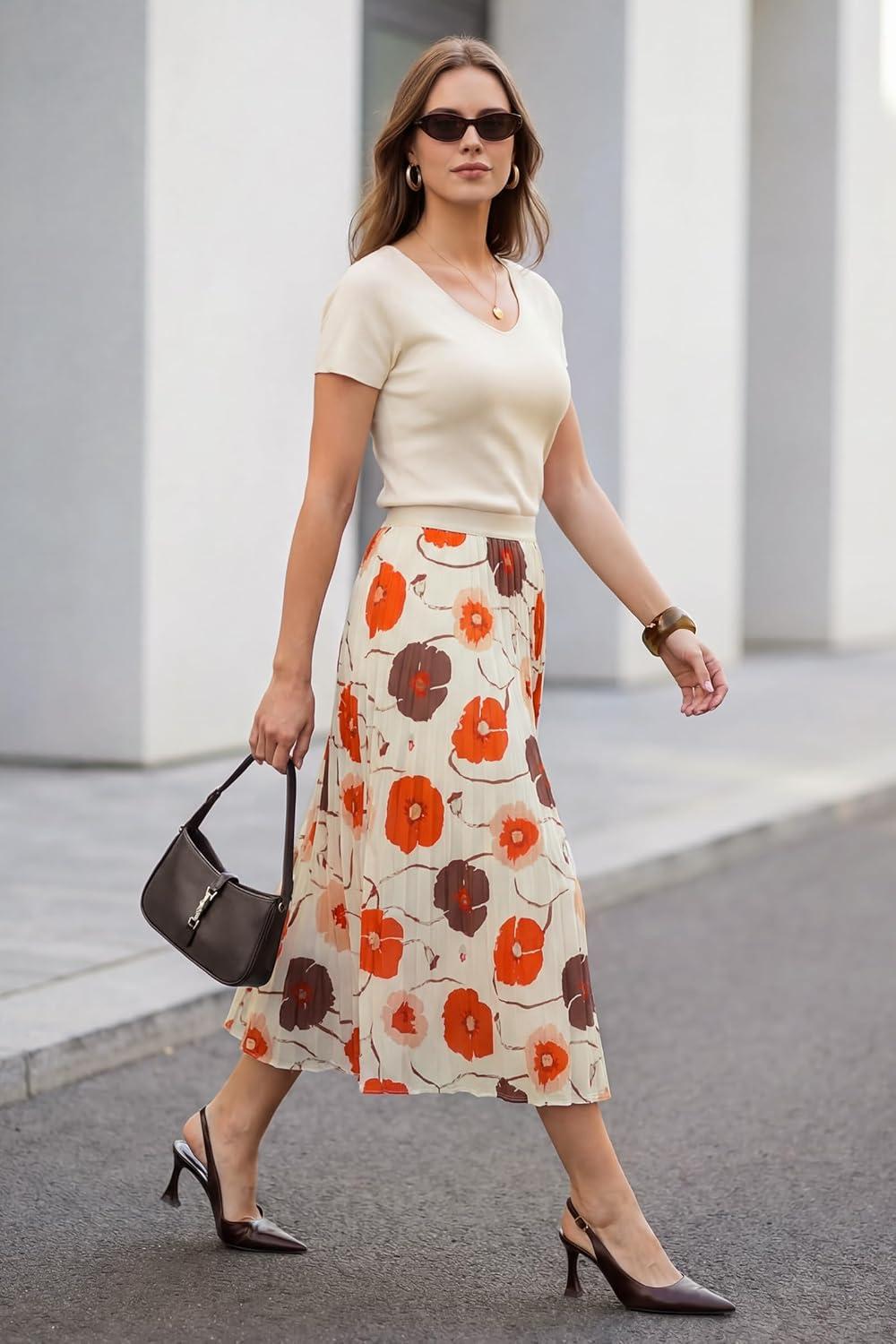 imageArachampCloz Womens Chiffon Wide Elastic Band ALine Pleated Floral Pleated SkirtsOrange Floral