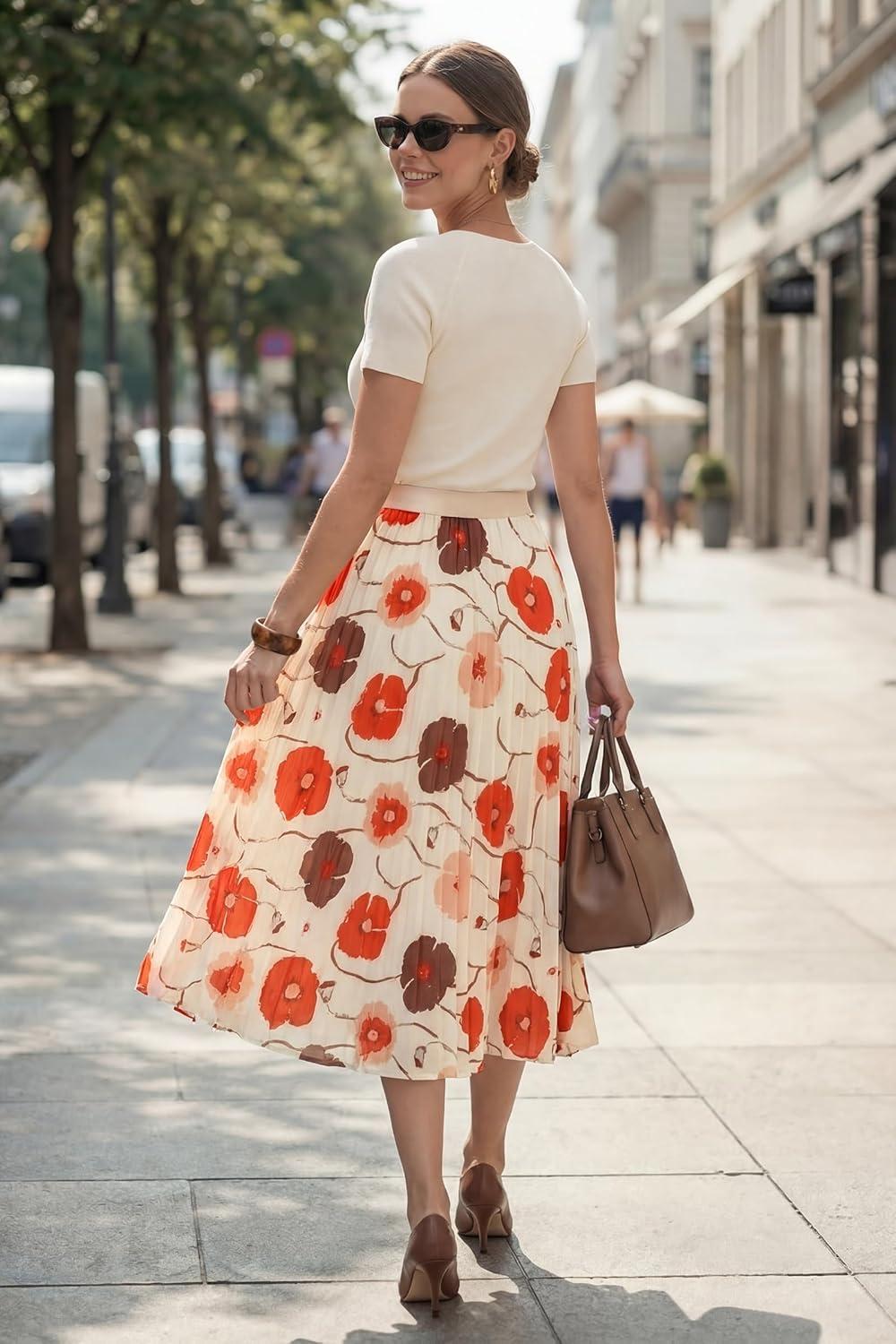 imageArachampCloz Womens Chiffon Wide Elastic Band ALine Pleated Floral Pleated SkirtsOrange Floral
